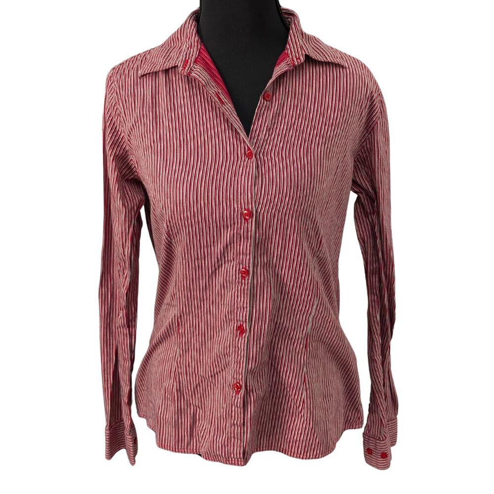 Vintage Annex Red and White Striped Fitted Button-Up | Women's S